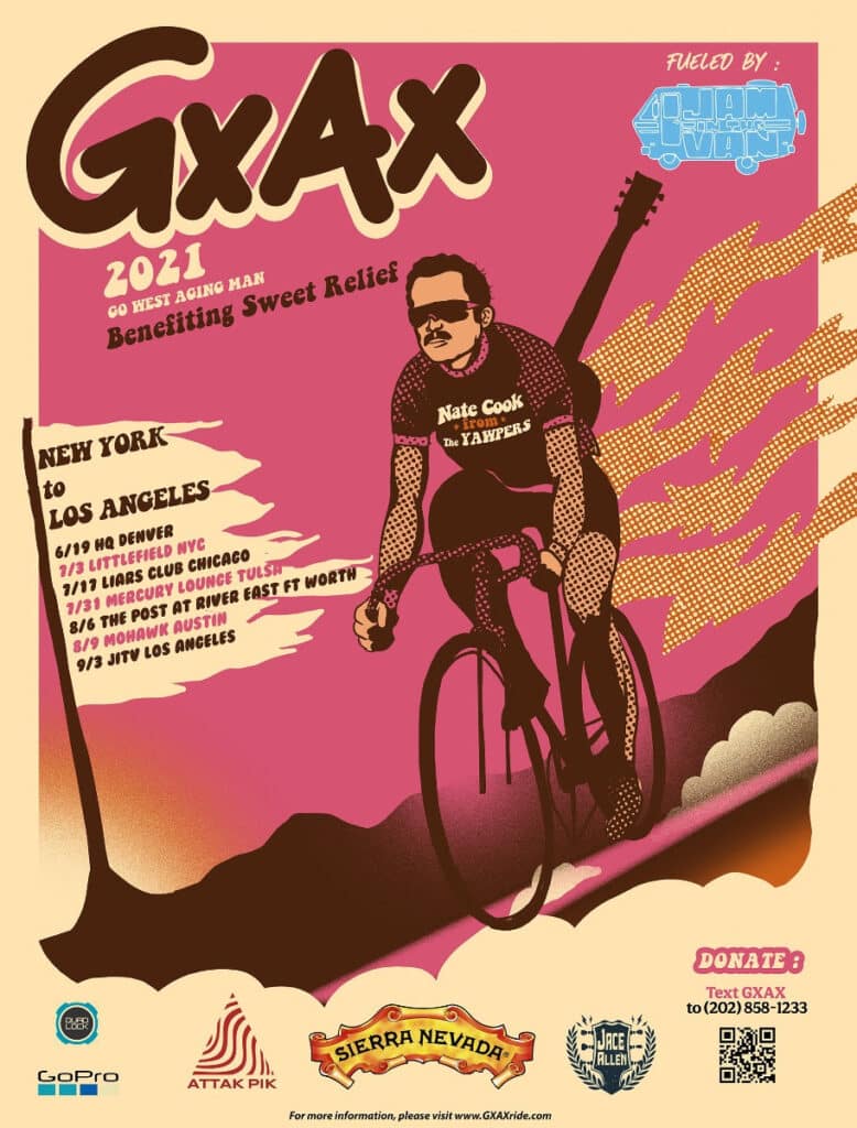 Photo from “Yawper Goes West: Nate Cook Defies Death; Cycles Nation-Wide for Musicians’ Sweet Relief”