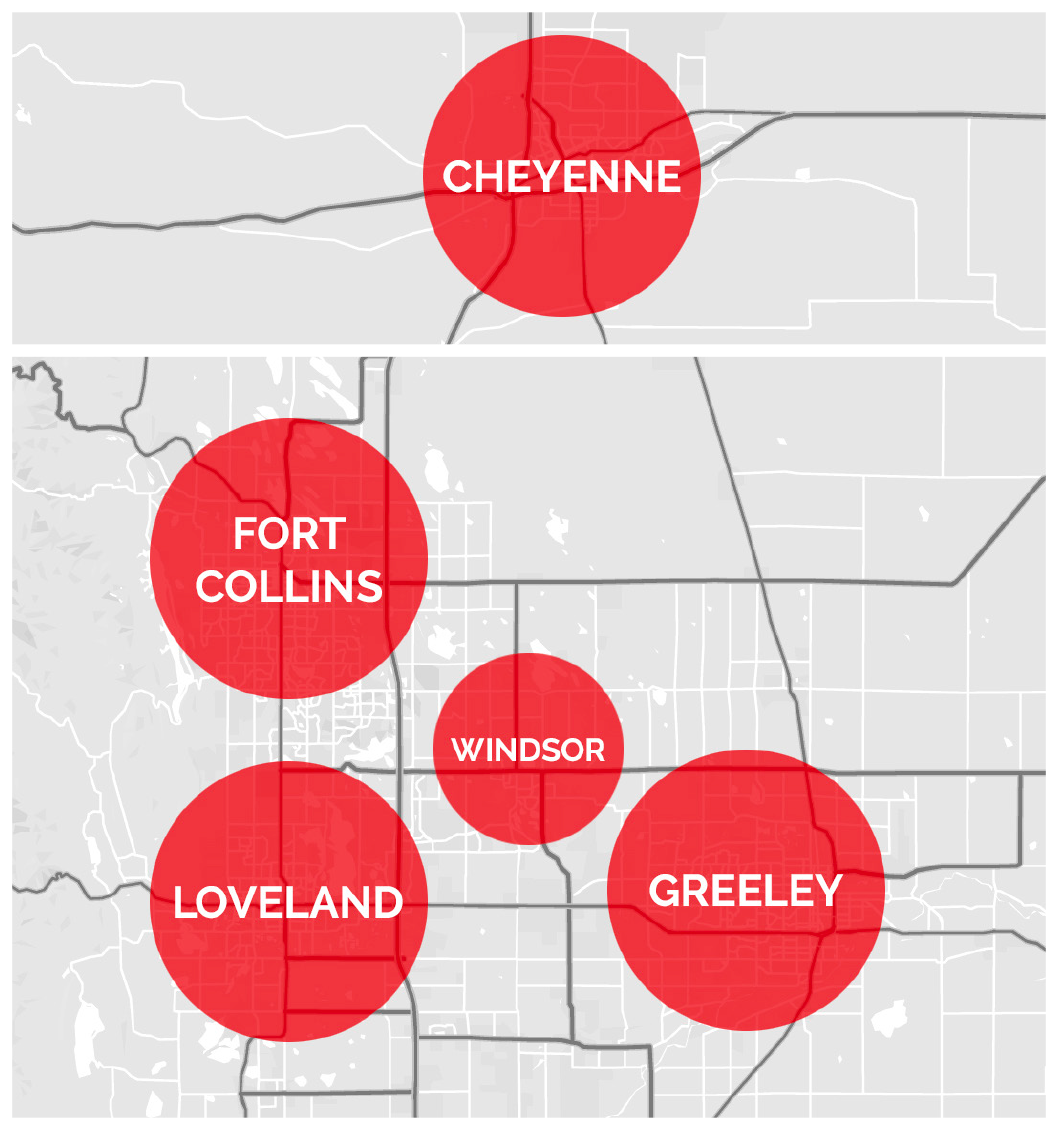 BandWagon distribution map covering Cheyenne, Fort Collins, Windsor, Loveland and Greeley
