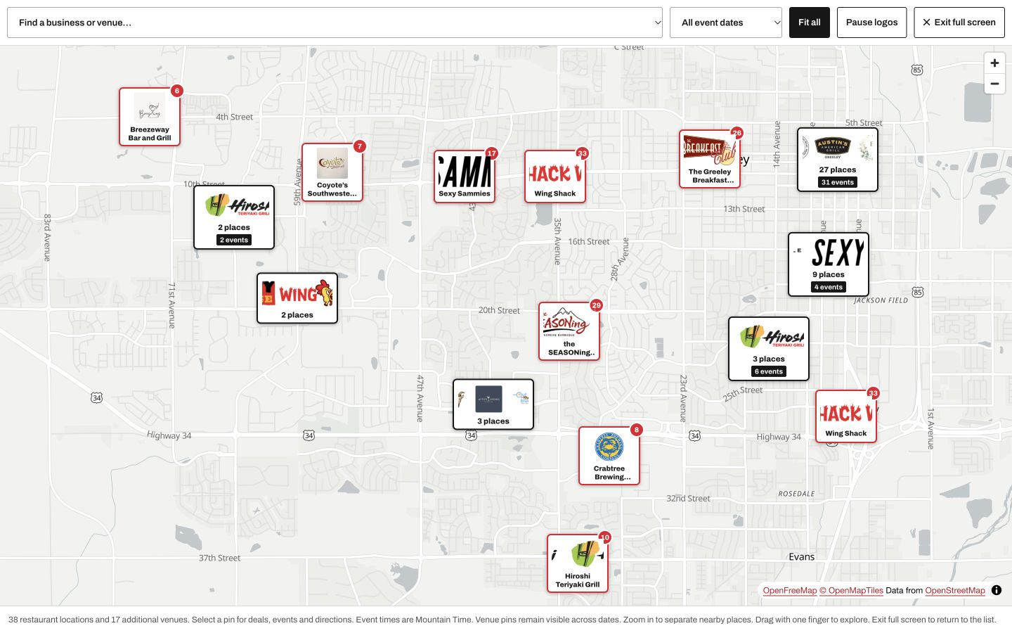 Interactive map of Restaurant Week specials and nearby events across Greeley