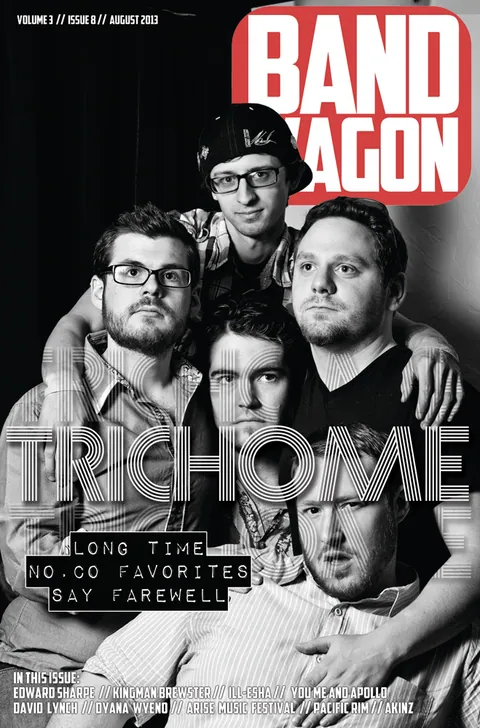 Trichome: five men posed close in black and white, one in a cap at top, with the band name across the image.