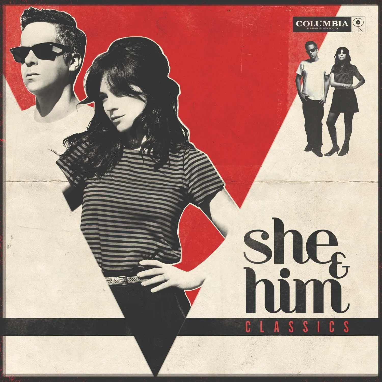 Cover of She & Him's Classics: a man in sunglasses and a woman in a striped top against red and cream graphics.
