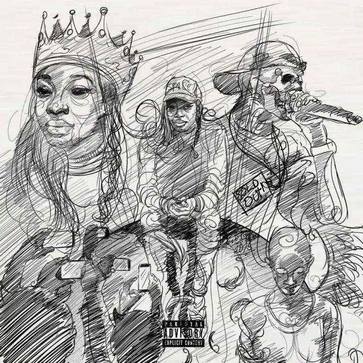 Pencil sketch of three figures: one crowned, one in a cap, one with a skull design, plus an explicit content label.