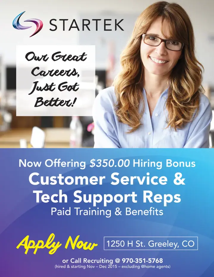 Smiling woman with glasses in a blue shirt beside a Startek ad for customer service jobs with a $350 hiring bonus.