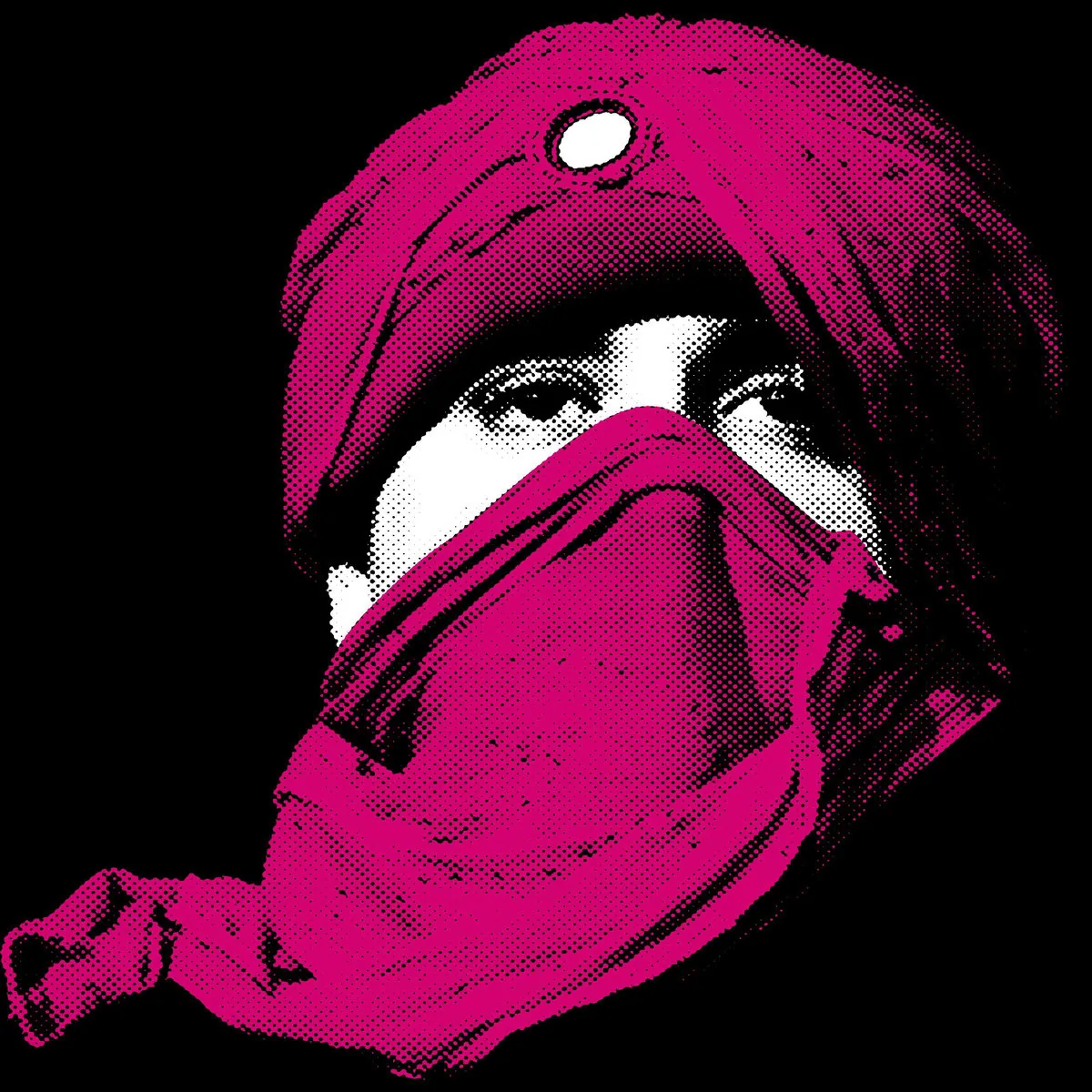 Pink and black halftone graphic of a person whose eyes are visible above a pink scarf or turban wrapped across the face.