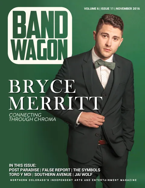 Bryce Merritt poses in a dark green suit and bow tie against a green backdrop on the BandWagon cover.