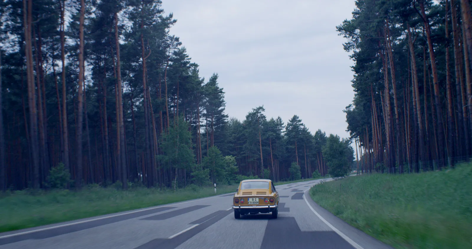 A vintage yellow car drives away down a winding road lined with tall pine trees.