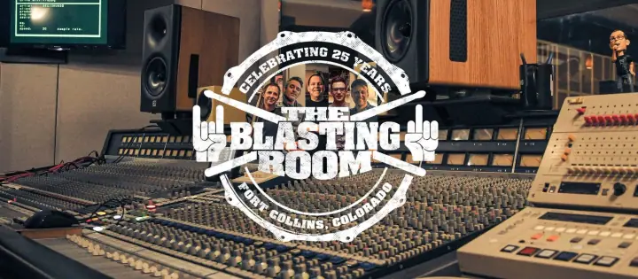 Recording studio mixing console and speakers, with a Blasting Room 25th anniversary logo and group photo overlaid.