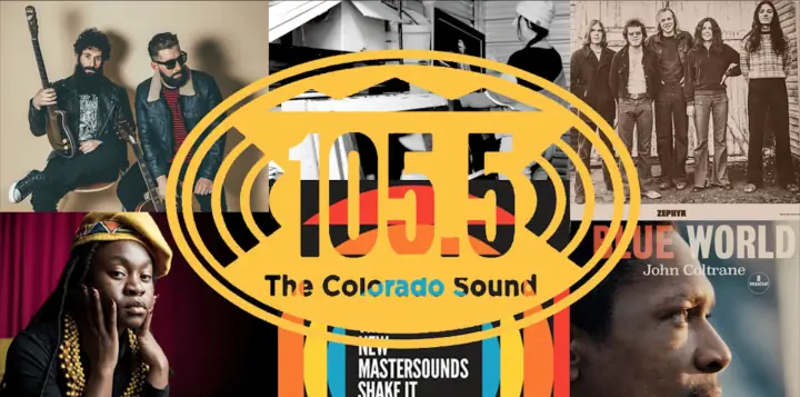 Logo for 105.5 The Colorado Sound over musician photos and album covers, including a bearded guitarist.