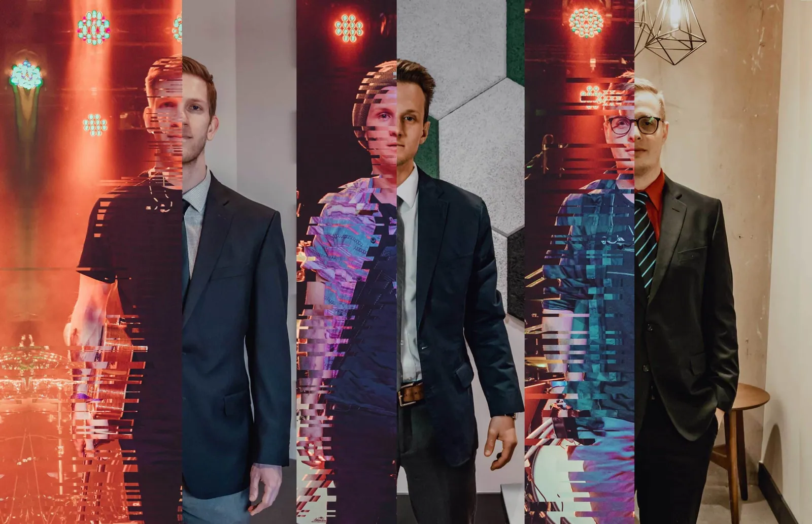 Four vertical panels show a man in a dark suit in glitch-effect repeats against red and teal stage lights.