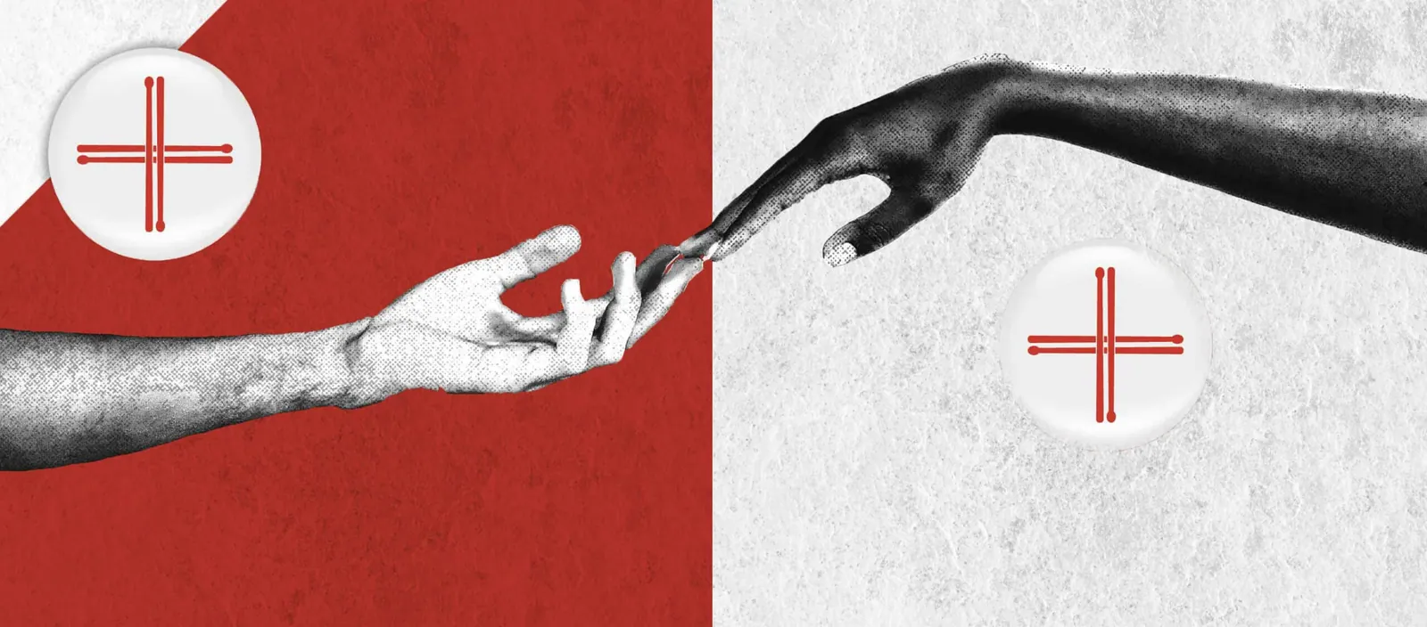Two halftone arms reach toward each other against red and gray backgrounds, each marked with a red cross.