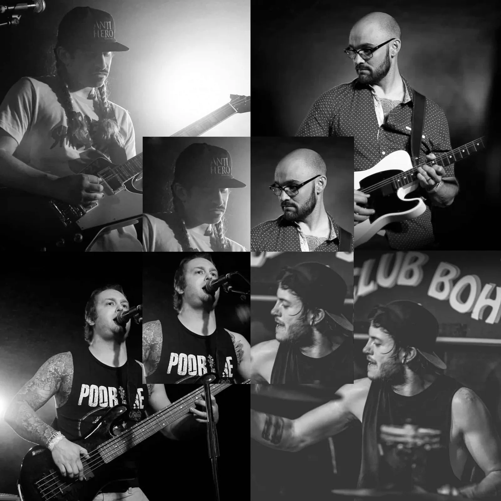 Black and white collage of four musicians performing: two guitarists, a singing bassist, and a drummer in a club.