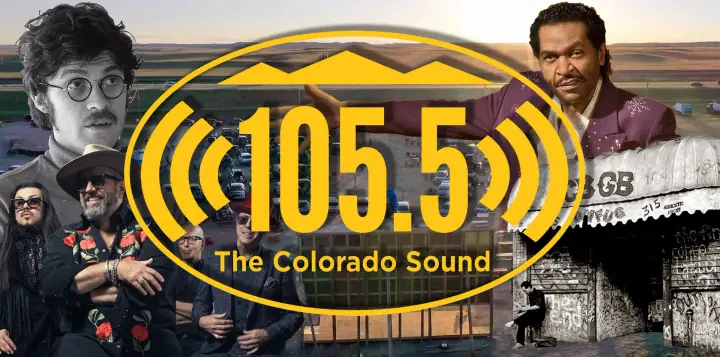 Yellow "105.5 The Colorado Sound" radio logo over a collage of musicians, a highway lot, and a vintage storefront.