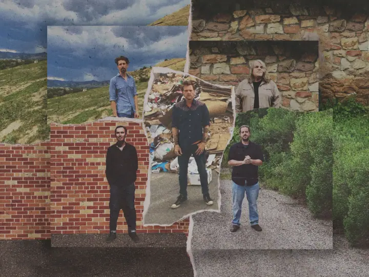 Gasoline Lollipops, four men posed in a torn-paper collage of hillside, brick wall, trash pile, and greenery.