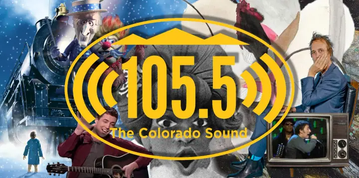 105.5 The Colorado Sound logo over a collage of a snowy steam train, a guitarist, a puppet, and a man in a blue suit.