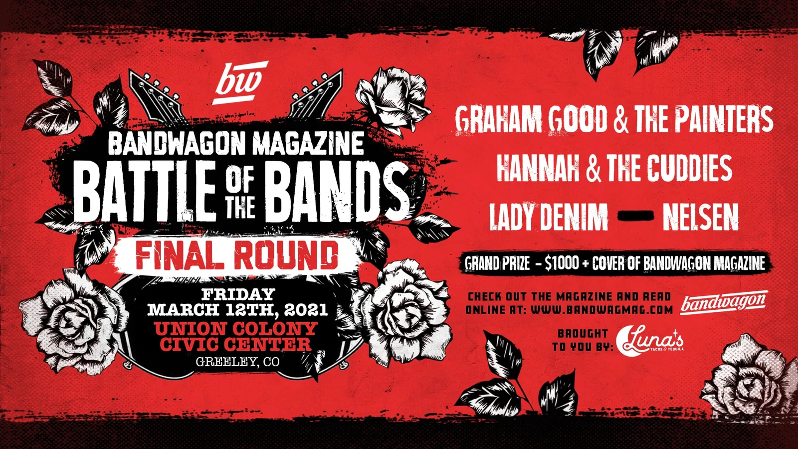 Red promotional graphic for the BandWagon Magazine Battle of the Bands final round, with roses and guitar headstocks.