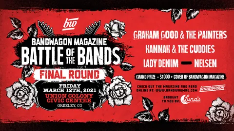 Red promotional graphic for the BandWagon Magazine Battle of the Bands final round, with roses and guitar headstocks.