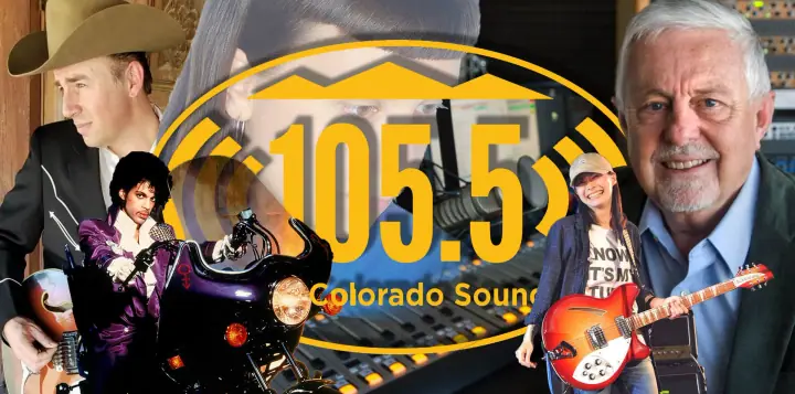 Collage of musicians with guitars and a motorcycle over a radio studio board and 105.5 Colorado Sound logo.