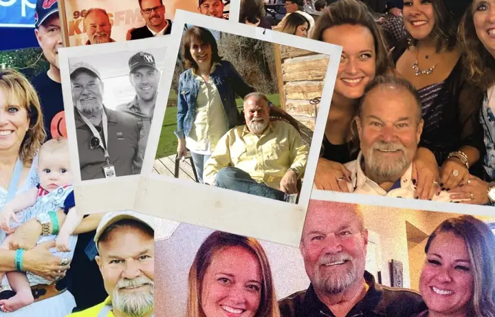 Collage of smiling people, including a gray-bearded older man posing with family and friends.