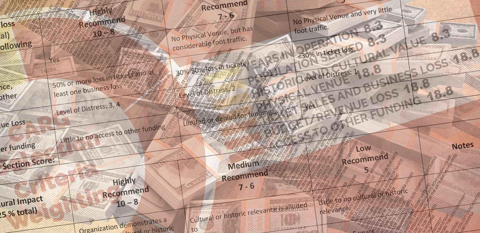 Overlapping grant scoring sheets and stacks of U.S. dollar bills fill a faded collage about arts funding criteria.
