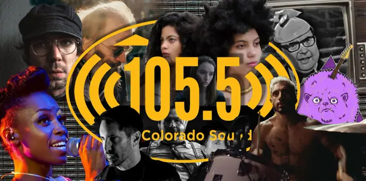 Collage of musicians around a yellow 105.5 Colorado Sound logo, including a singer at a mic and a shirtless drummer.