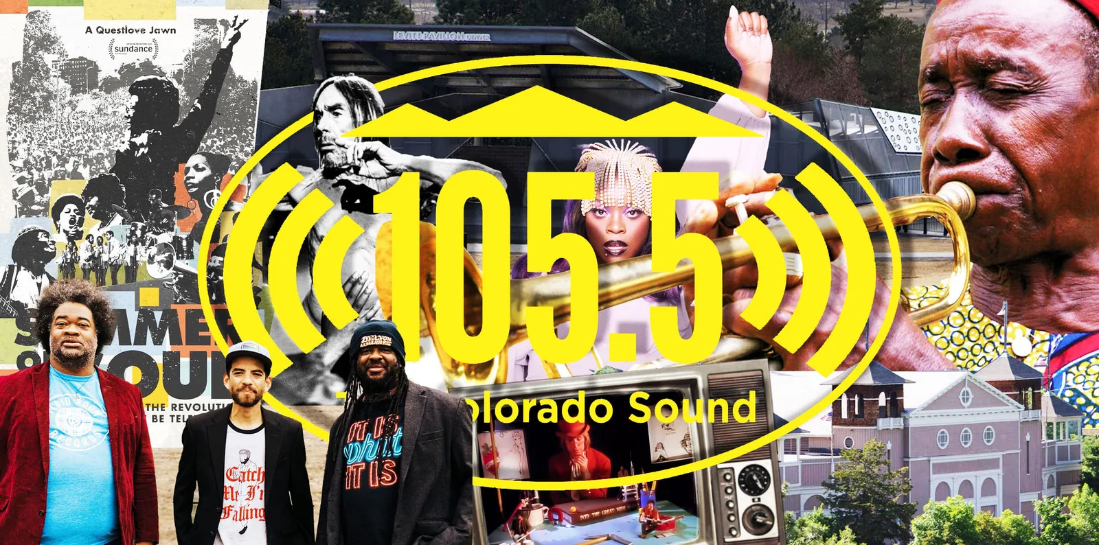 Yellow 105.5 Colorado Sound logo over a collage of men, trumpeters, a singer, a vintage radio, and a brick building.