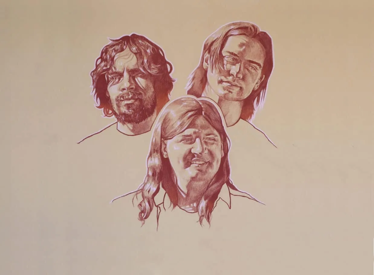Reddish-brown ink illustration of three long-haired men's heads and shoulders against a beige background.