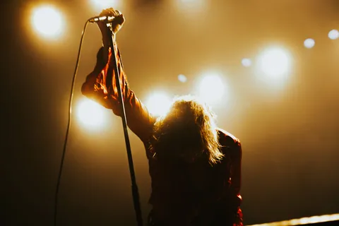The Struts performer with long hair raises a microphone toward warm stage lights in a hazy concert setting.