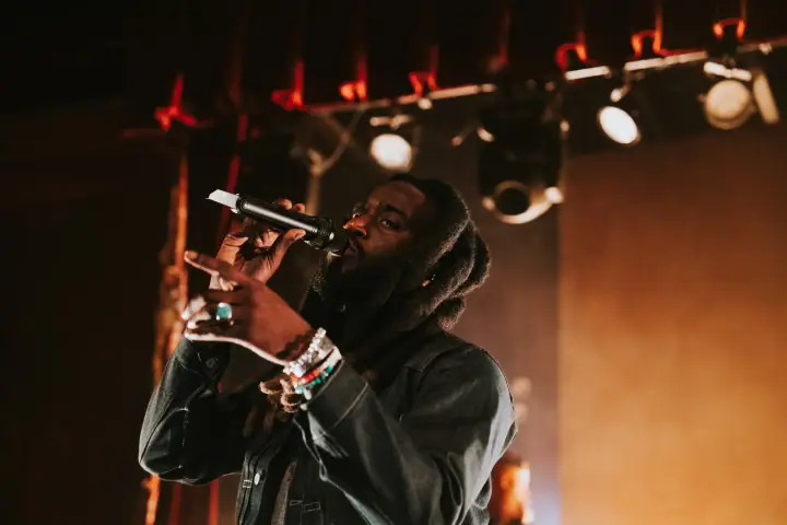 Performer with dreadlocks and a beard singing into a microphone under warm stage lights at a concert.