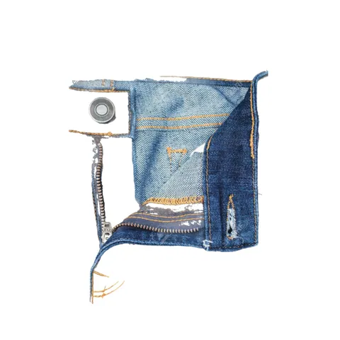 Close-up of unbuttoned blue denim jeans with an open zipper and orange topstitching on a white background.