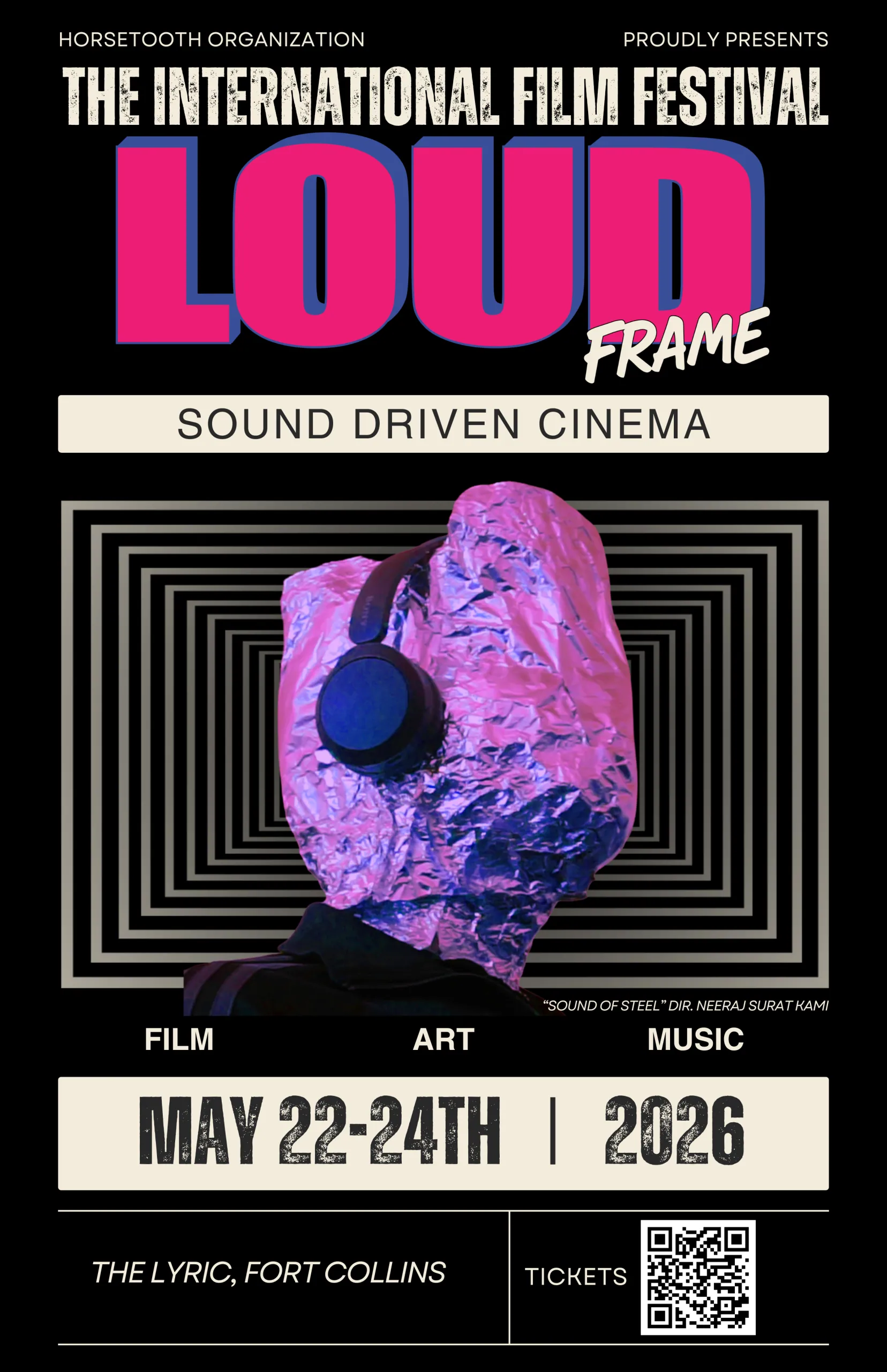 Poster for the LOUDframe film festival showing a foil-wrapped head with headphones in front of concentric rectangles.