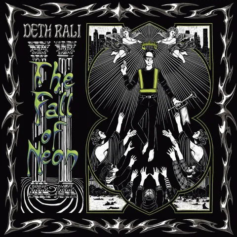 Black, white, and neon green album art of a trumpet-playing figure above reaching hands and two cherubs.